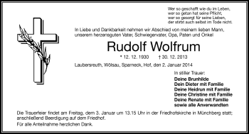 Traueranzeige von Rudolf Wolfrum von Frankenpost