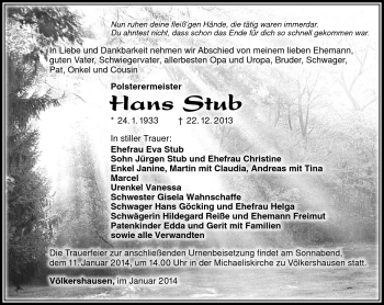 Traueranzeige von Hans Stub von Südthüringer Presse
