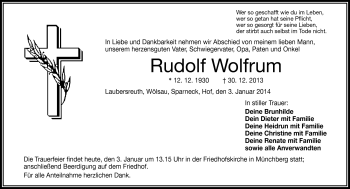 Traueranzeige von Rudolf Wolfrum von Frankenpost