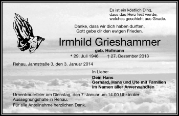 Traueranzeige von Irmhild Grieshammer von Frankenpost