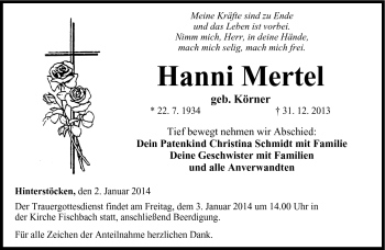 Traueranzeige von Hanni Mertel von Neue Presse Coburg