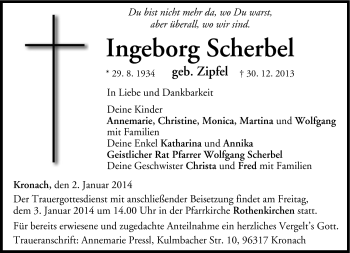 Traueranzeige von Ingeborg Scherbel von Neue Presse Coburg