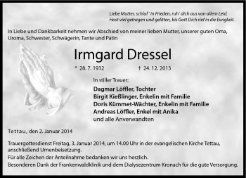 Traueranzeige von Irmgard Dressel von Neue Presse Coburg