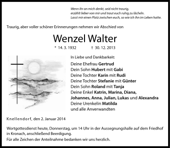 Traueranzeige von Walter Wenzel von Neue Presse Coburg