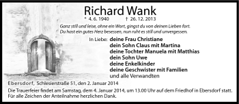 Traueranzeige von Richard Wank von Neue Presse Coburg
