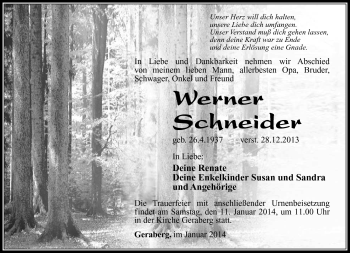 Traueranzeige von Werner Schneider von Südthüringer Presse