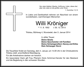 Traueranzeige von Willi Kröniger von Frankenpost