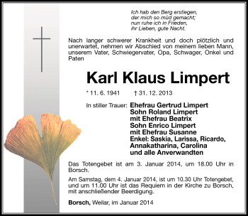Traueranzeige von Karl Klaus Limpert von Südthüringer Presse