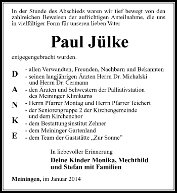 Traueranzeige von Paul Jülke von Südthüringer Presse