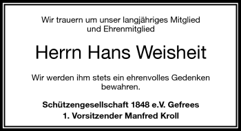 Traueranzeige von Hans Weisheit von Frankenpost