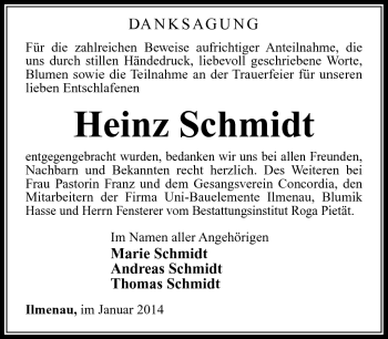 Traueranzeige von Heinz Schmidt von Südthüringer Presse