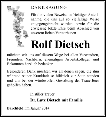 Traueranzeige von Rolf Dietsch von Südthüringer Presse