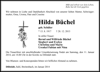 Traueranzeige von Hilda Büchel von Südthüringer Presse