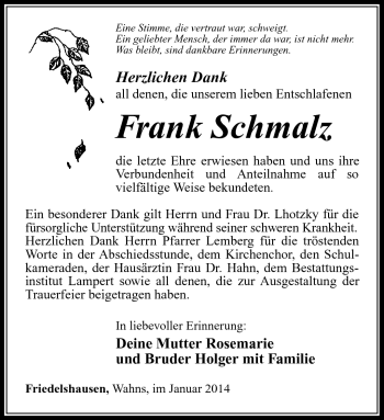 Traueranzeige von Frank Schmalz von Südthüringer Presse