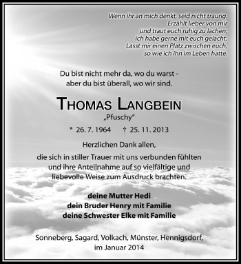 Traueranzeige von Thomas Langbein von Südthüringer Presse