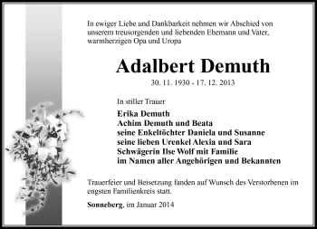 Traueranzeige von Adalbert Demuth von Südthüringer Presse