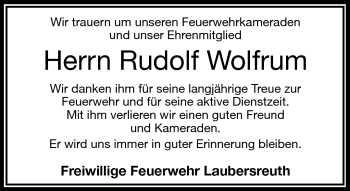 Traueranzeige von Rudolf Wolfrum von Frankenpost