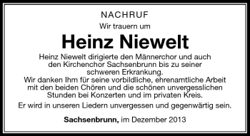 Traueranzeige von Heinz Niewelt von Südthüringer Presse