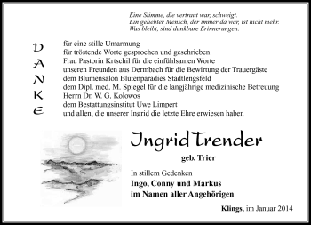 Traueranzeige von Ingrid Trender von Südthüringer Presse
