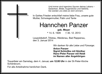 Traueranzeige von Panzer Hannchen von Frankenpost