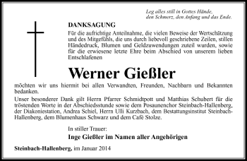 Traueranzeige von Werner Gießler von Südthüringer Presse