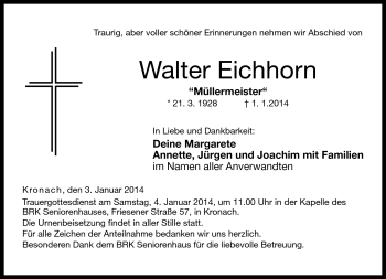 Traueranzeige von Walter Eichhorn von Neue Presse Coburg