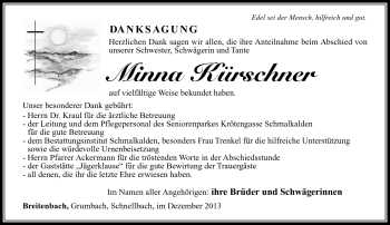 Traueranzeige von Minna Kürschner von Südthüringer Presse