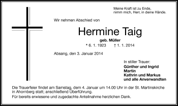 Traueranzeige von Hermine Taig von Frankenpost