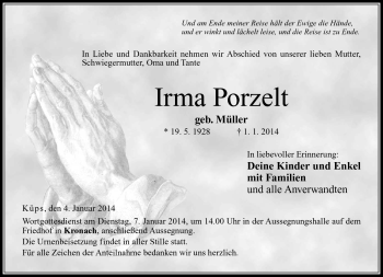 Traueranzeige von Irma Porzelt von Neue Presse Coburg