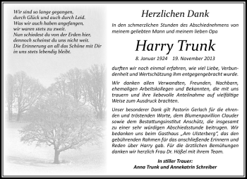 Traueranzeige von Harry Trunk von Südthüringer Presse