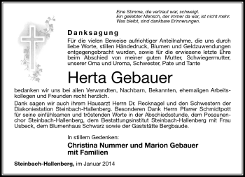 Traueranzeige von Herta Gebauer von Südthüringer Presse