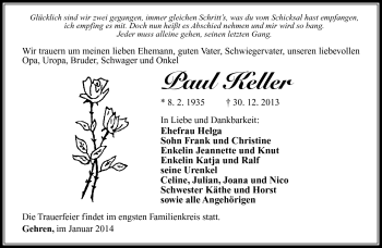 Traueranzeige von Paul Keller von Südthüringer Presse
