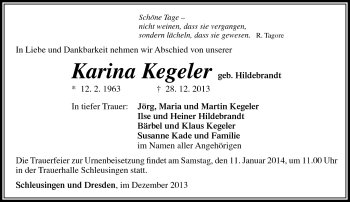 Traueranzeige von Karina Kegeler von Südthüringer Presse