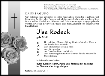 Traueranzeige von Ilse Rodeck von Südthüringer Presse