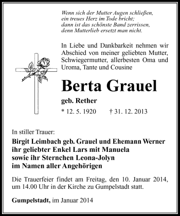 Traueranzeige von Berta Grauel von Südthüringer Presse
