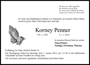 Traueranzeige von Korney Penner von Neue Presse Coburg