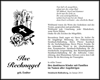 Traueranzeige von Ilse Recknagel von Südthüringer Presse
