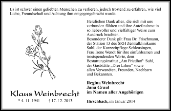 Traueranzeige von Klaus Weinbrecht von Südthüringer Presse
