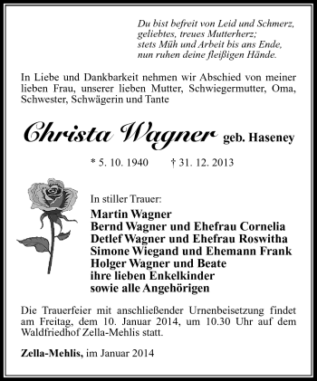 Traueranzeige von Christa Wagner von Südthüringer Presse