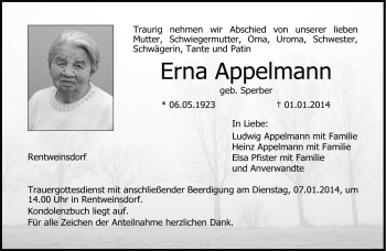 Traueranzeige von Erna Appelmann von Neue Presse Coburg