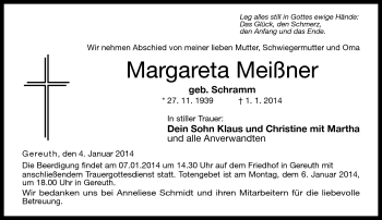 Traueranzeige von Margareta Meißner von Neue Presse Coburg