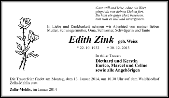 Traueranzeige von Edith Zink von Südthüringer Presse