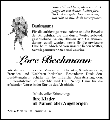 Traueranzeige von Lore Beckmann von Südthüringer Presse