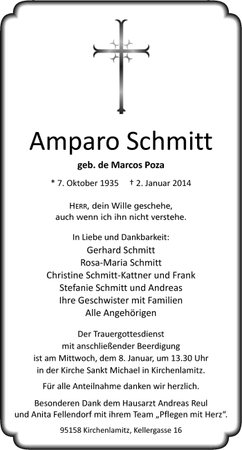 Traueranzeige von Amparo Schmitt von Frankenpost