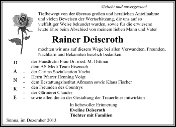 Traueranzeige von Rainer Deiseroth von Südthüringer Presse