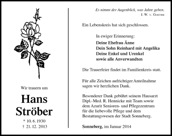 Traueranzeige von Hans Ströber von Südthüringer Presse