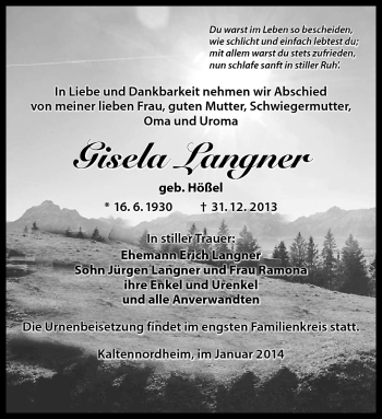 Traueranzeige von Gisela Langner von Südthüringer Presse