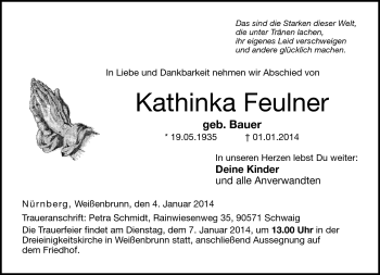 Traueranzeige von Kathinka Feulner von Neue Presse Coburg