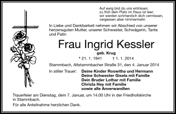 Traueranzeige von Ingrid Kesselr von Frankenpost