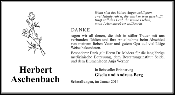 Traueranzeige von Herbert Aschenbach von Südthüringer Presse